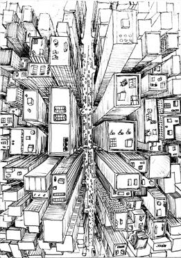 one point perspective city birds eye view